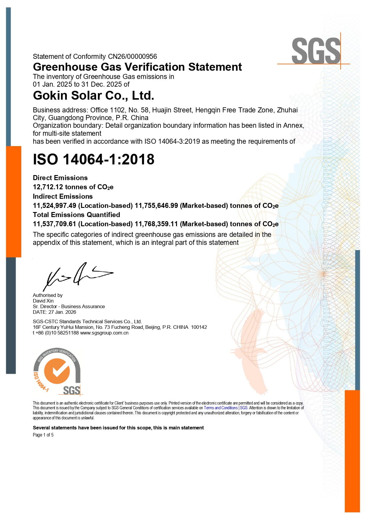 ZSN240229 - Gokin Solar Co., Ltd. Greenhouse Gas Verification Statement - Four Industrial Bases