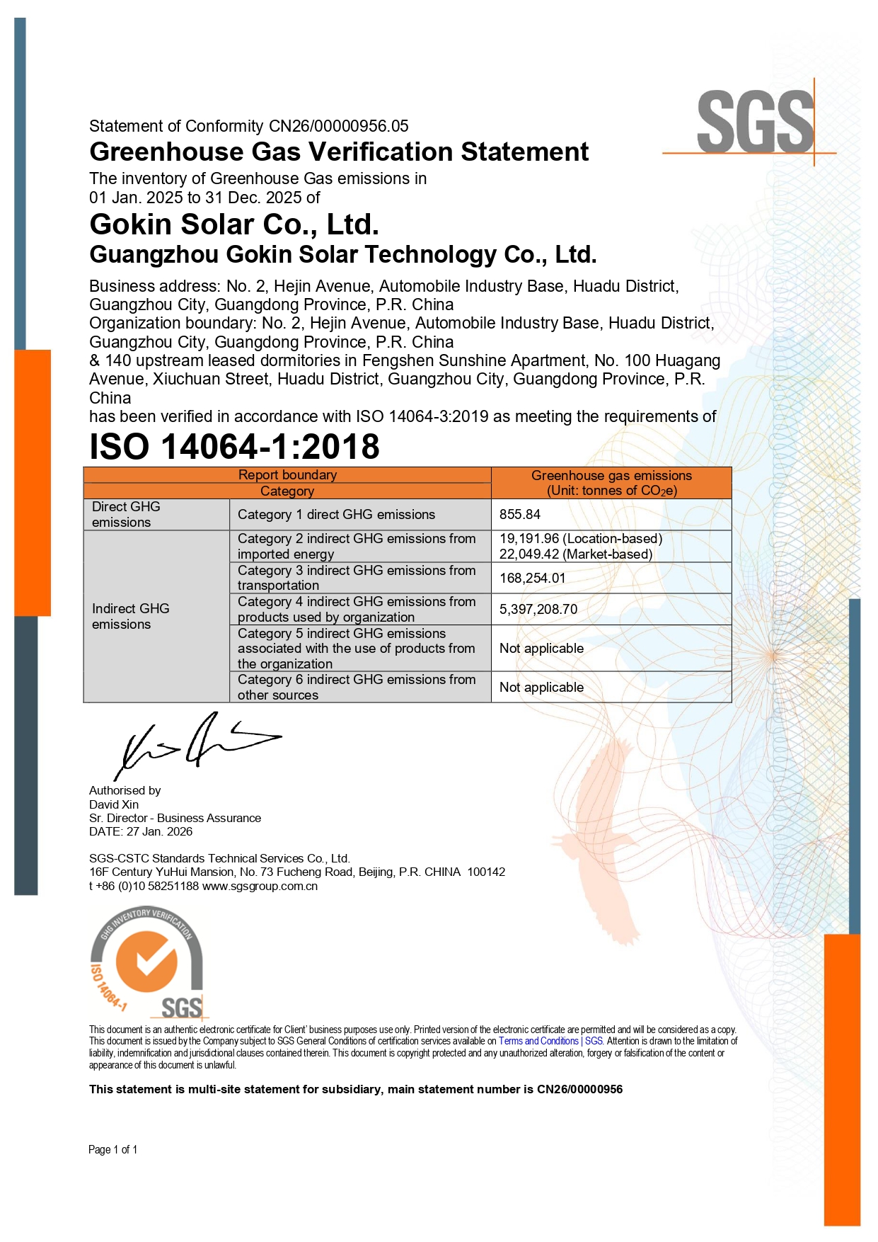 ZSN240229 - Guangzhou Gokin Greenhouse Gas Verification Statement