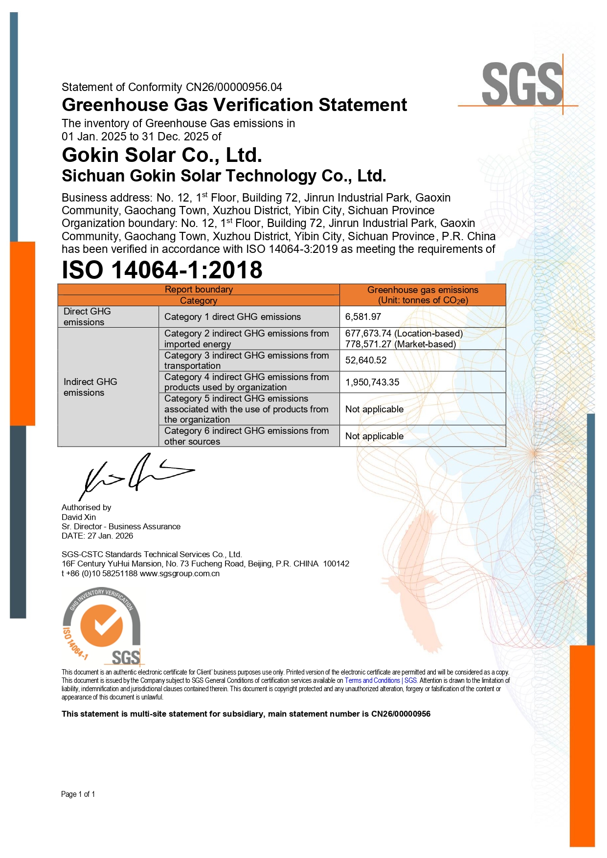 ZSN240229 - Sichuan Gokin Greenhouse Gas Verification Statement